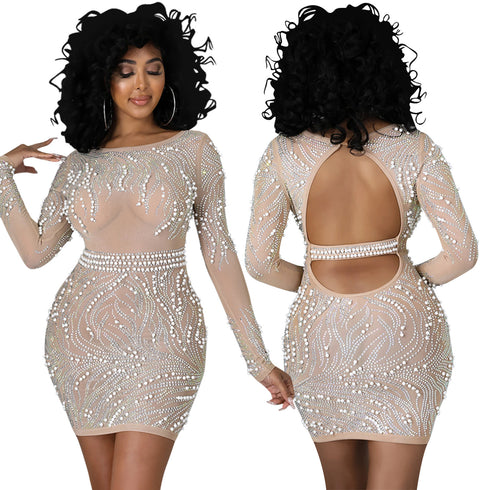 Women's Sexy Fluoroscopy Gauze Long Sleeve Cocktail Dress