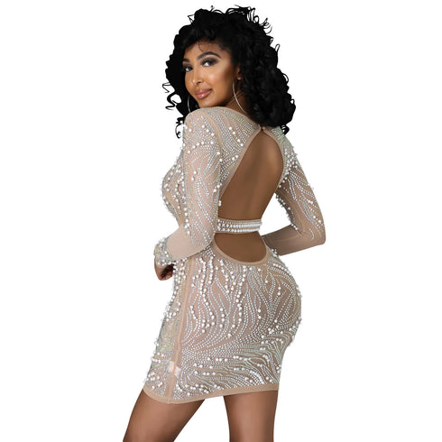 Women's Sexy Fluoroscopy Gauze Long Sleeve Cocktail Dress