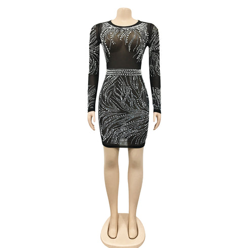 Women's Sexy Fluoroscopy Gauze Long Sleeve Cocktail Dress