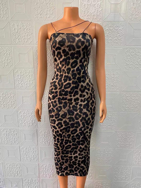 Women's Sexy Halter Sleeveless V Neck Leopard Dress