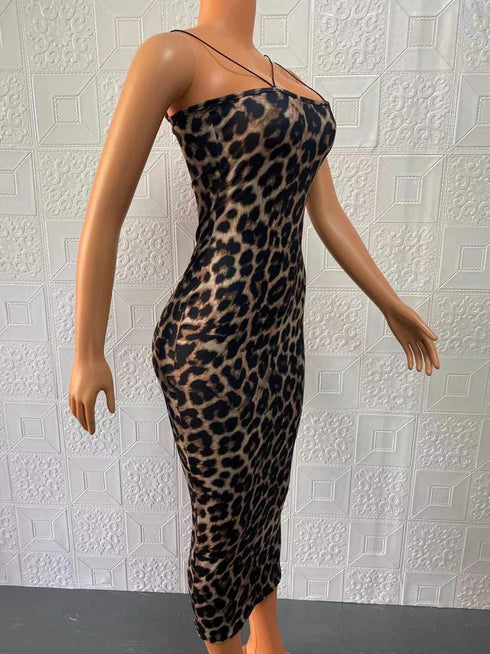 Women's Sexy Halter Sleeveless V Neck Leopard Dress