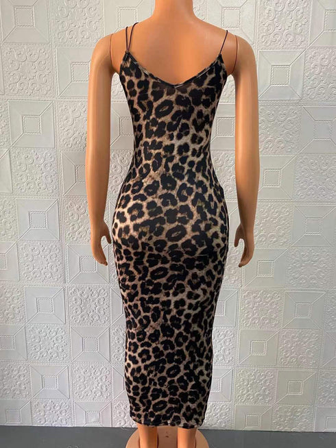 Women's Sexy Halter Sleeveless V Neck Leopard Dress