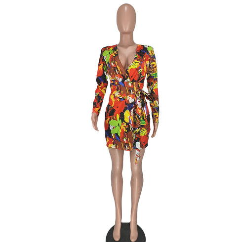 Women's Sexy Long Sleeve V Neck Floral Dresses