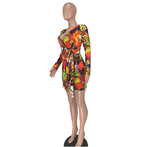 Women's Sexy Long Sleeve V Neck Floral Dresses