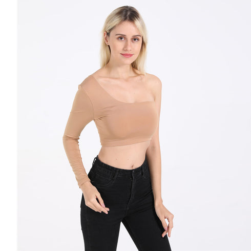 Women's Sexy One Shoulder Long Sleeve Crop Tops