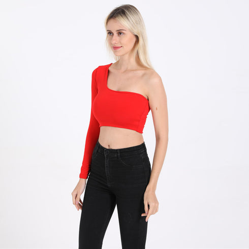 Women's Sexy One Shoulder Long Sleeve Crop Tops