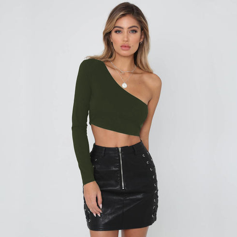 Women's Sexy One Shoulder Long Sleeve Crop Tops