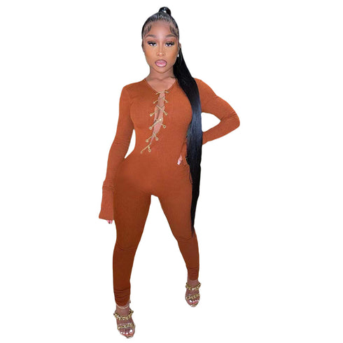 Women's Sexy Solid Color Metal Chain Long Sleeve Jumpsuit