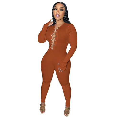 Women's Sexy Solid Color Metal Chain Long Sleeve Jumpsuit