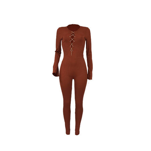 Women's Sexy Solid Color Metal Chain Long Sleeve Jumpsuit