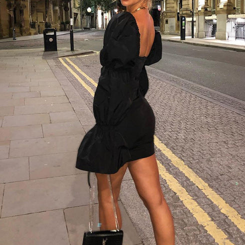 Women's Sexy Square Collar Backless Bubble Sleeves Dresses