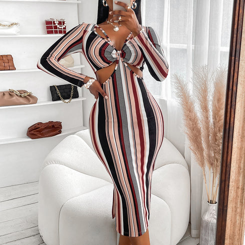 Women's Sexy Stripes Hip Wrap Breast Wrap Long Dress