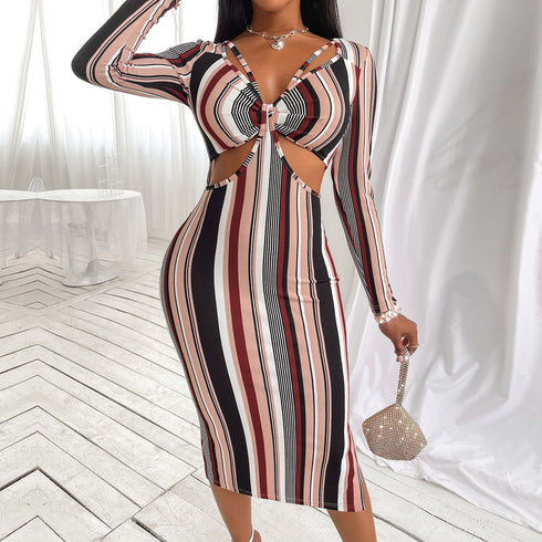 Women's Sexy Stripes Hip Wrap Breast Wrap Long Dress