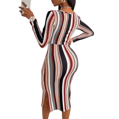 Women's Sexy Stripes Hip Wrap Breast Wrap Long Dress