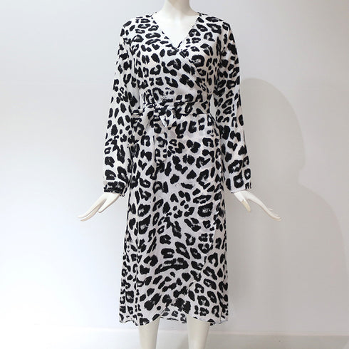 Women's Sexy V-neck Leopard Print Long Sleeve Chiffon Dress
