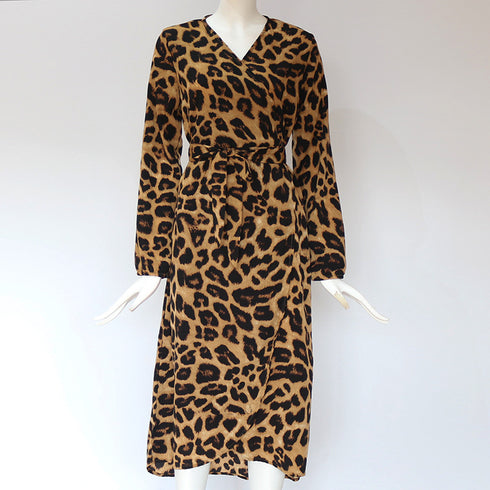 Women's Sexy V-neck Leopard Print Long Sleeve Chiffon Dress