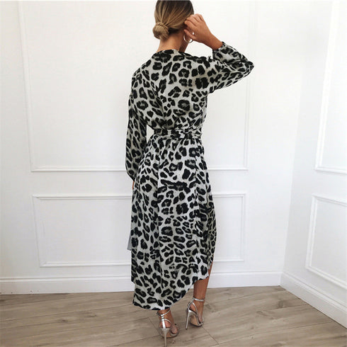 Women's Sexy V-neck Leopard Print Long Sleeve Chiffon Dress