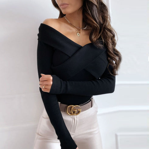 Women's Sexy V-neck Pure Color Knitwear Sweatshirt