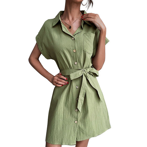 Women's Short Sleeve Cotton Linen Dress Shirt Dresses