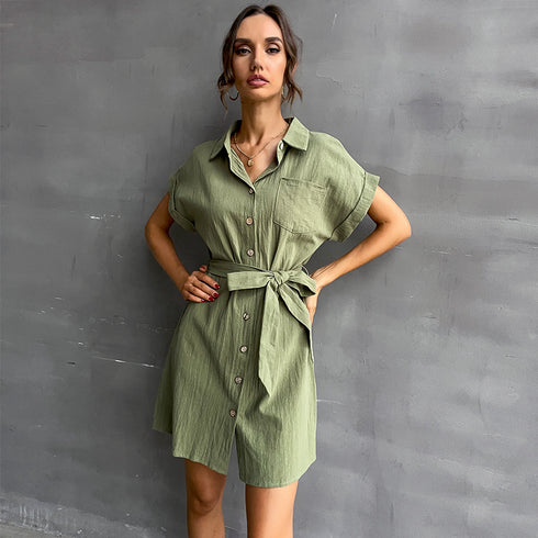 Women's Short Sleeve Cotton Linen Dress Shirt Dresses