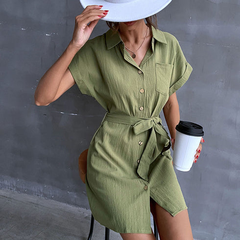 Women's Short Sleeve Cotton Linen Dress Shirt Dresses