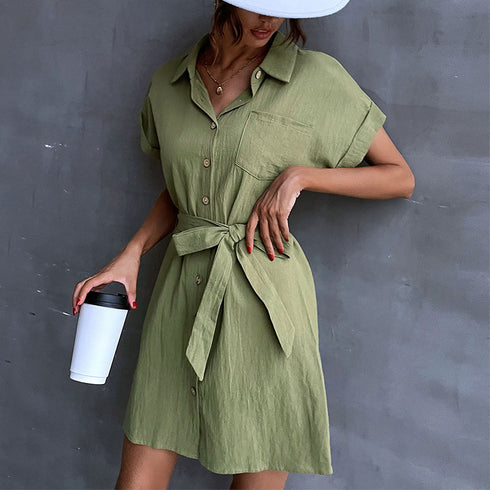 Women's Short Sleeve Cotton Linen Dress Shirt Dresses