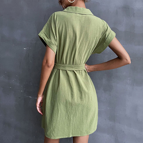 Women's Short Sleeve Cotton Linen Dress Shirt Dresses