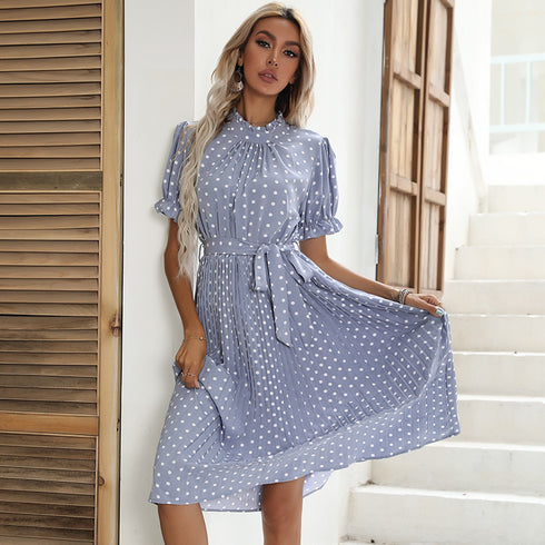 Women's Short Sleeve Polka-dot Strappy Pleated Dresses