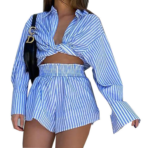 Women's Shorts Stripe Shirt Hollow Out Two Piece Outfits