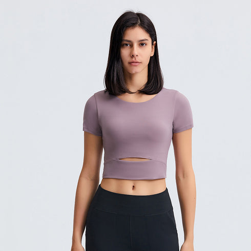 Women's Simple Athletic Crop Yoga T-Shirt with Bra Pads