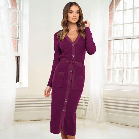 Women's Single-breasted Knitted Hip Wrap Sweater Dress