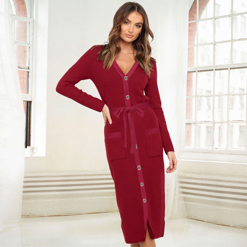 Women's Single-breasted Knitted Hip Wrap Sweater Dress