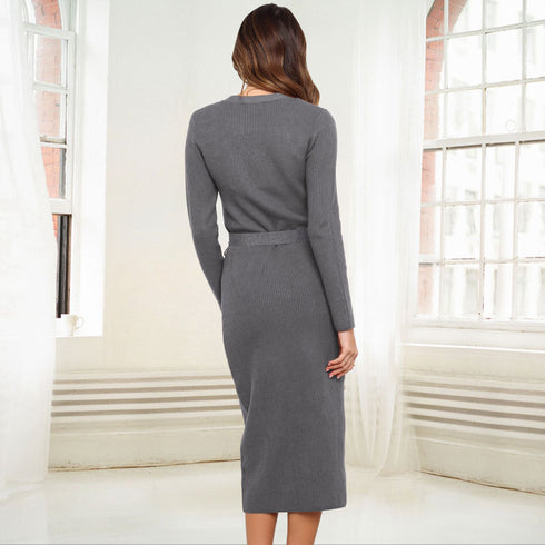 Women's Single-breasted Knitted Hip Wrap Sweater Dress