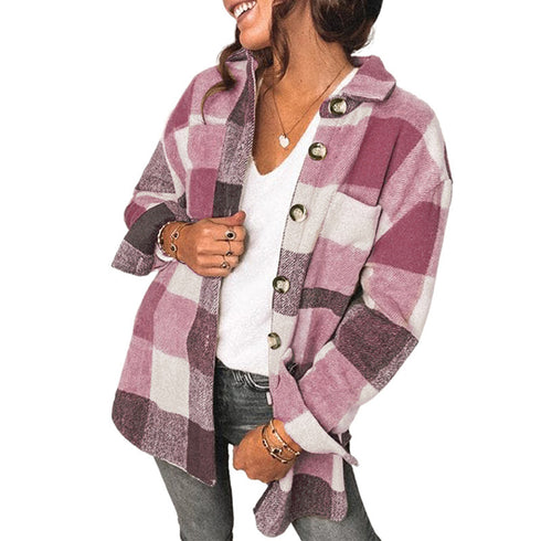 Women's Single Breasted Shirt Flannel Plaid Coat