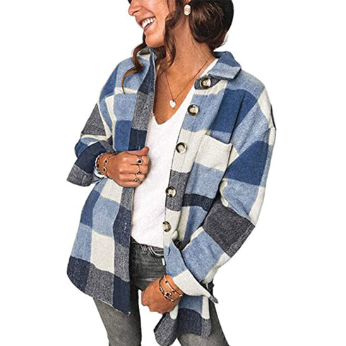 Women's Single Breasted Shirt Flannel Plaid Coat