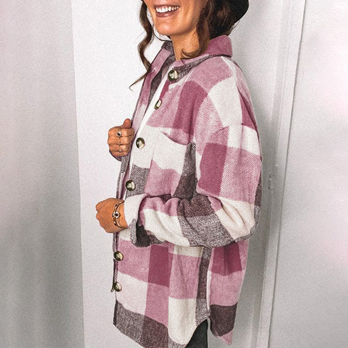 Women's Single Breasted Shirt Flannel Plaid Coat