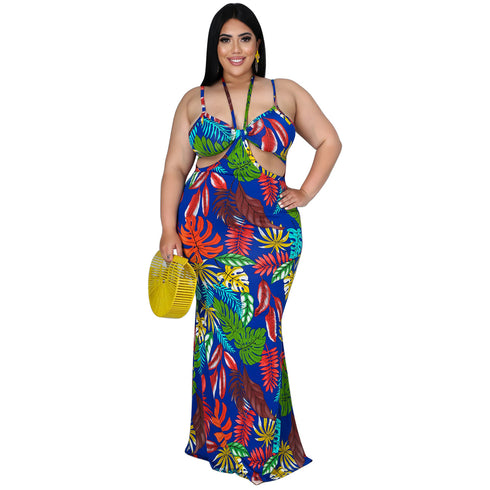Women's Spaghetti Strap Backless Printed Maxi Dresses