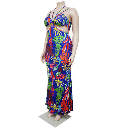 Women's Spaghetti Strap Backless Printed Maxi Dresses