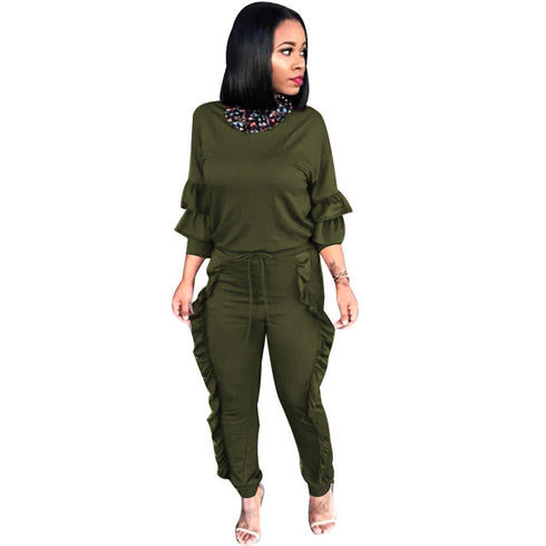 Women's Spliced Agaric Side Long Sleeve Two Piece Outfits