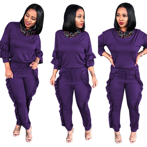 Women's Spliced Agaric Side Long Sleeve Two Piece Outfits