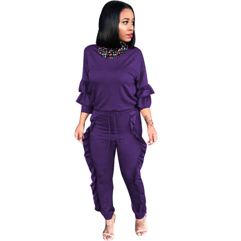 Women's Spliced Agaric Side Long Sleeve Two Piece Outfits