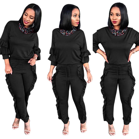 Women's Spliced Agaric Side Long Sleeve Two Piece Outfits