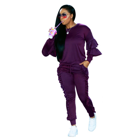 Women's Spliced Agaric Side Long Sleeve Two Piece Outfits