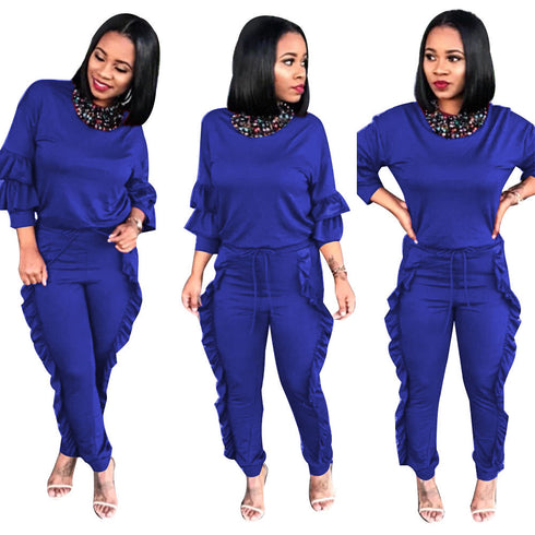 Women's Spliced Agaric Side Long Sleeve Two Piece Outfits