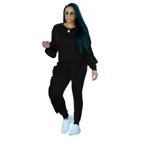 Women's Spliced Agaric Side Long Sleeve Two Piece Outfits