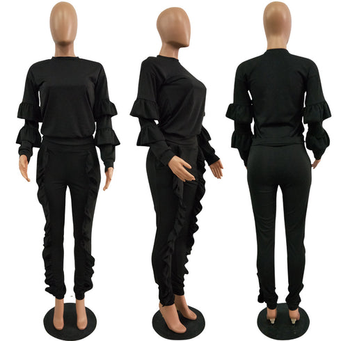 Women's Spliced Agaric Side Long Sleeve Two Piece Outfits