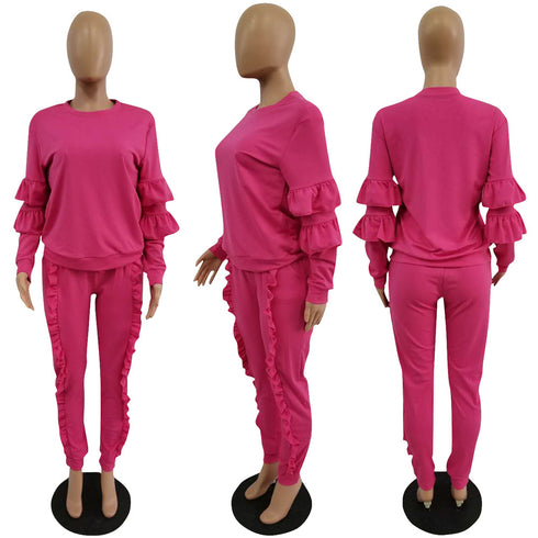 Women's Spliced Agaric Side Long Sleeve Two Piece Outfits