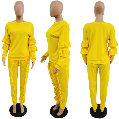 Women's Spliced Agaric Side Long Sleeve Two Piece Outfits
