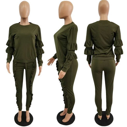 Women's Spliced Agaric Side Long Sleeve Two Piece Outfits