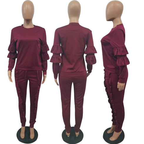 Women's Spliced Agaric Side Long Sleeve Two Piece Outfits